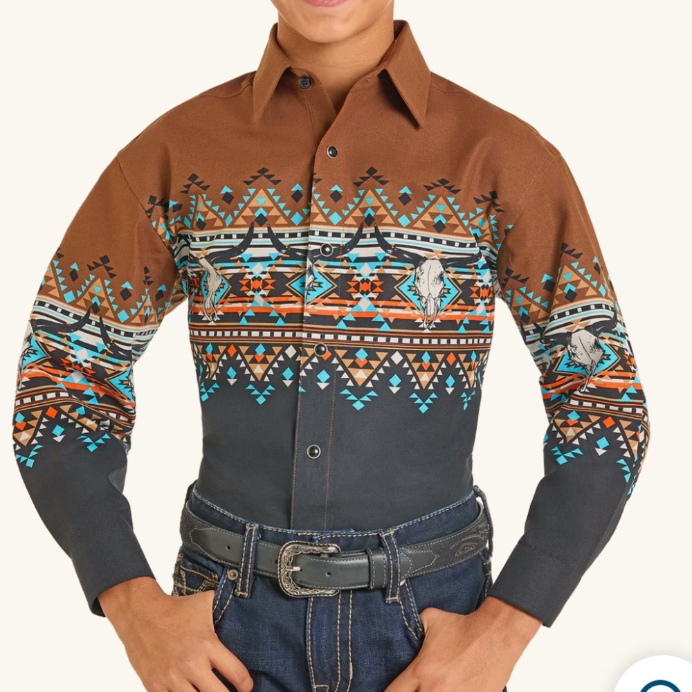 Western Aztec Border Print Shirt Brown Black Long Sleeve Snap Large 14 New